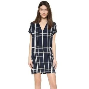 Vince Silk Lattice Windowpane Navy Popover‎ Dress Sleeveless V-Neck Cocoon Small
